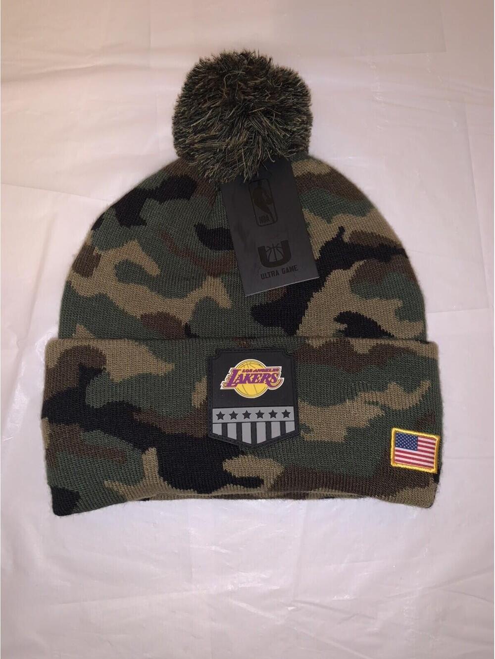 Los Angeles Lakers Beanie Hat NBA Salute to Service Green Camo USA Flag Patch
